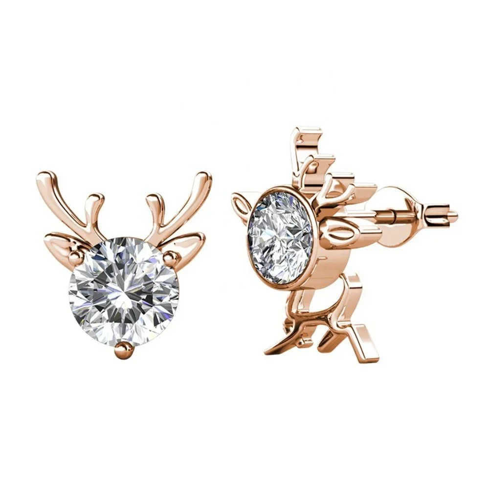 Asymmetric Reindeer Antlers 18K Rose Gold Stud Earring With Swarovski Crystal - Picture 3 of 7